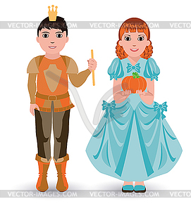 Cinderella princess with pumpkin and little prince - vector clip art