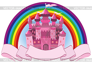 Fairy Tale pink magic castle and rainbow, vector  - vector image