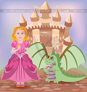 Cute princess and little dragon, vector illustration - vector image