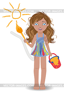 Little cute girl paint sun, vector illustration  - color vector clipart