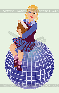 Back to School.  Little  schoolgirl with book and globe - vector clipart