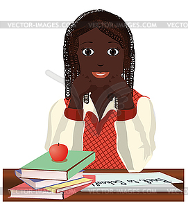 Back to School. Little  schoolgirl with apple, vector  - vector image