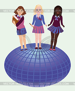 Back to school. Little school girls and globe, vector  - vector clip art