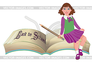Back to School. Cute schoolgirl with old book, vector - vector image