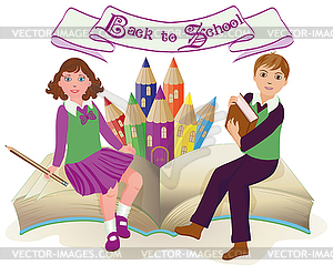 Back to School . Little school girl and boy - vector image