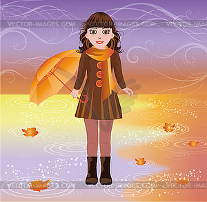 Little girl with umbrella, autumn card, vector - color vector clipart