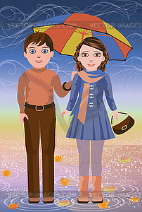 Little girl and boy, autumn card, vector illustration - vector image