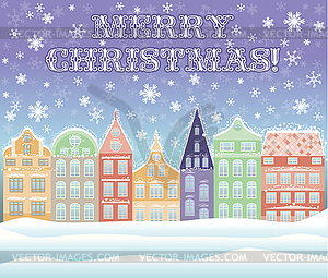 Merry Christmas city card, vector illustration - vector image