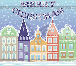 Happy Marry Christmas winter city postcard, vector  - vector clip art