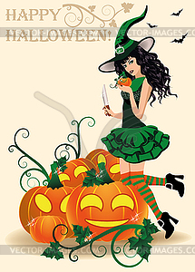 Happy Halloween card. Witch and pumpkins, vector - vector clipart