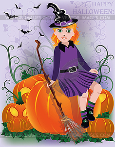 Little girl witch in black hat, vector illustration - vector clipart