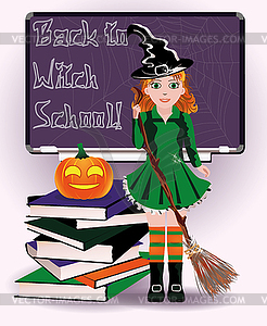 Back to Witch School. Cute witch and pumpkin books  - stock vector clipart