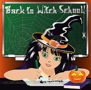 Back to Witch School. Cute little witch studying  - vector image