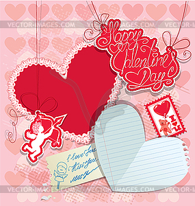 Vintage Holiday Postcard with hearts, angel, - vector clip art
