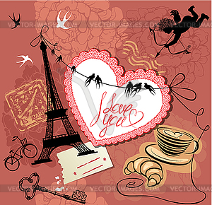 Vintage Valentine`s Day Postcard with Paris theme - vector clipart