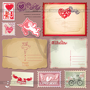 Set of vintage postcards and post stamps for - vector image