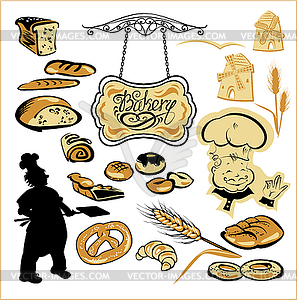 Set of different bakery - bread, pie, biscuit, - vector clipart