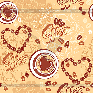 Seamless pattern with coffee cups, beans, heart - vector clipart