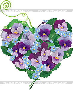 Heart shape is made of beautiful flowers - pansy an - vector image