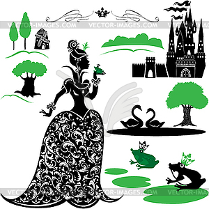 Fairytale Set - silhouettes of Princess and frog, - vector image