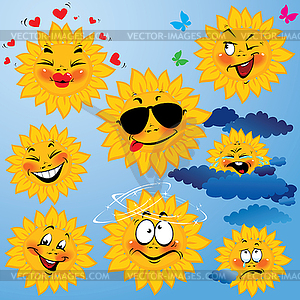 Набор милые мультяшныйы солнца с различными - векторный графический клипарт
