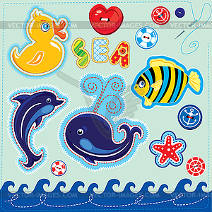 Set of buttons, cartoon animals and word SEA - - vector clip art