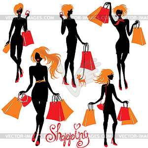 Set of Shopping woman silhouettes - vector image