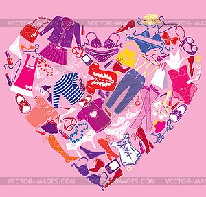 I Love Shopping image, heart is made of different - vector image