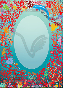 Oval frame with Coral Reef and Marine life - - color vector clipart