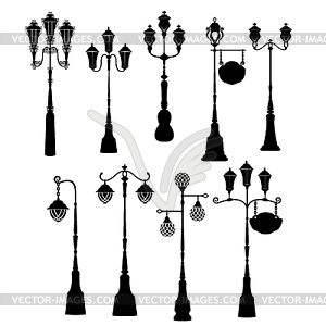 Set of retro street lanterns silhouettes - vector image