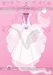 Wedding Dress, shoes and bridal veil on pink - vector clipart