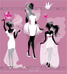 Set of girls silhouettes dressing Wedding gown, - vector image