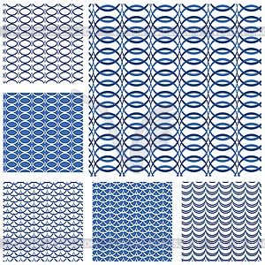 Set of seamless patterns - blue waves and grids - vector clip art