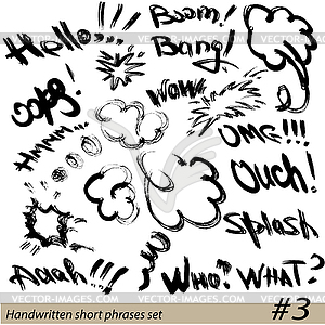 Set of Hand written short phrases HELLO, BOOM, OOPS - vector image