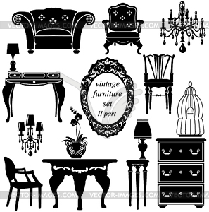 Set of antique furniture - black silhouettes - vector image