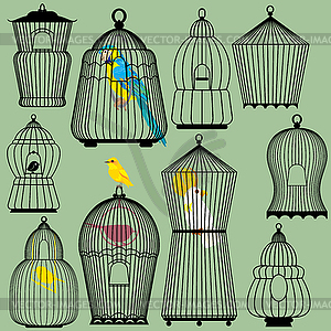 Набор декоративных Bird Cage Силуэты и птиц - векторное изображение EPS