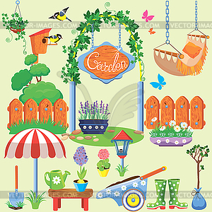 Spring and summer village and garden set with - vector image
