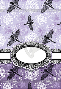 Vertical Card with flowers and dragonfly. Oval - vector image