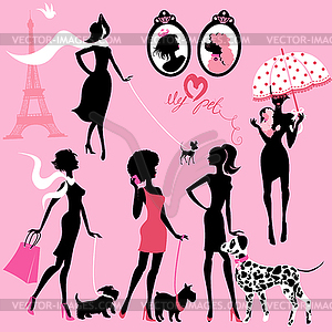 Set of black silhouettes of fashionable girls with - vector EPS clipart