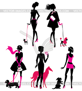 Set of black silhouettes of fashionable girls with - vector clipart