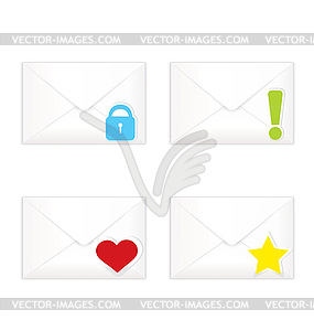 White closed envelopes with marks icon set - stock vector clipart