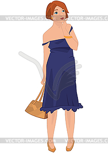Ретро девушка в синем платье - векторное изображение клипарта