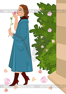 Retro girl with flower near rose bush - vector clip art