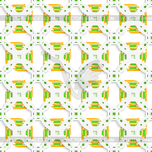 Белый перфорированный орнамент с зеленым оранжевой бесшовных - векторное изображение клипарта