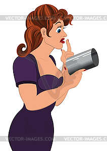 Cartoon woman holding gray cylinder top - vector image