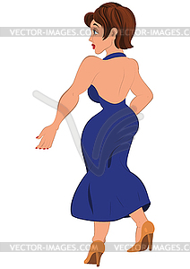 Cartoon woman in open back blue dress back view - vector clipart