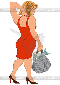 Cartoon woman in red dress and bag with fish back - vector image