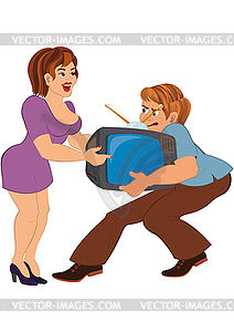 Cartoon couple holding old tv - vector clipart / vector image