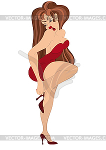 Cartoon girl in red dress fixing her shoe - vector clip art