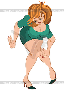 Cartoon girl in short dress and red hair touching - vector image